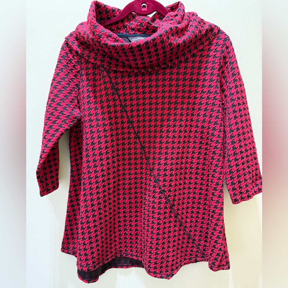 Multiples Red and Black Houndstooth Cowl Neck  PL